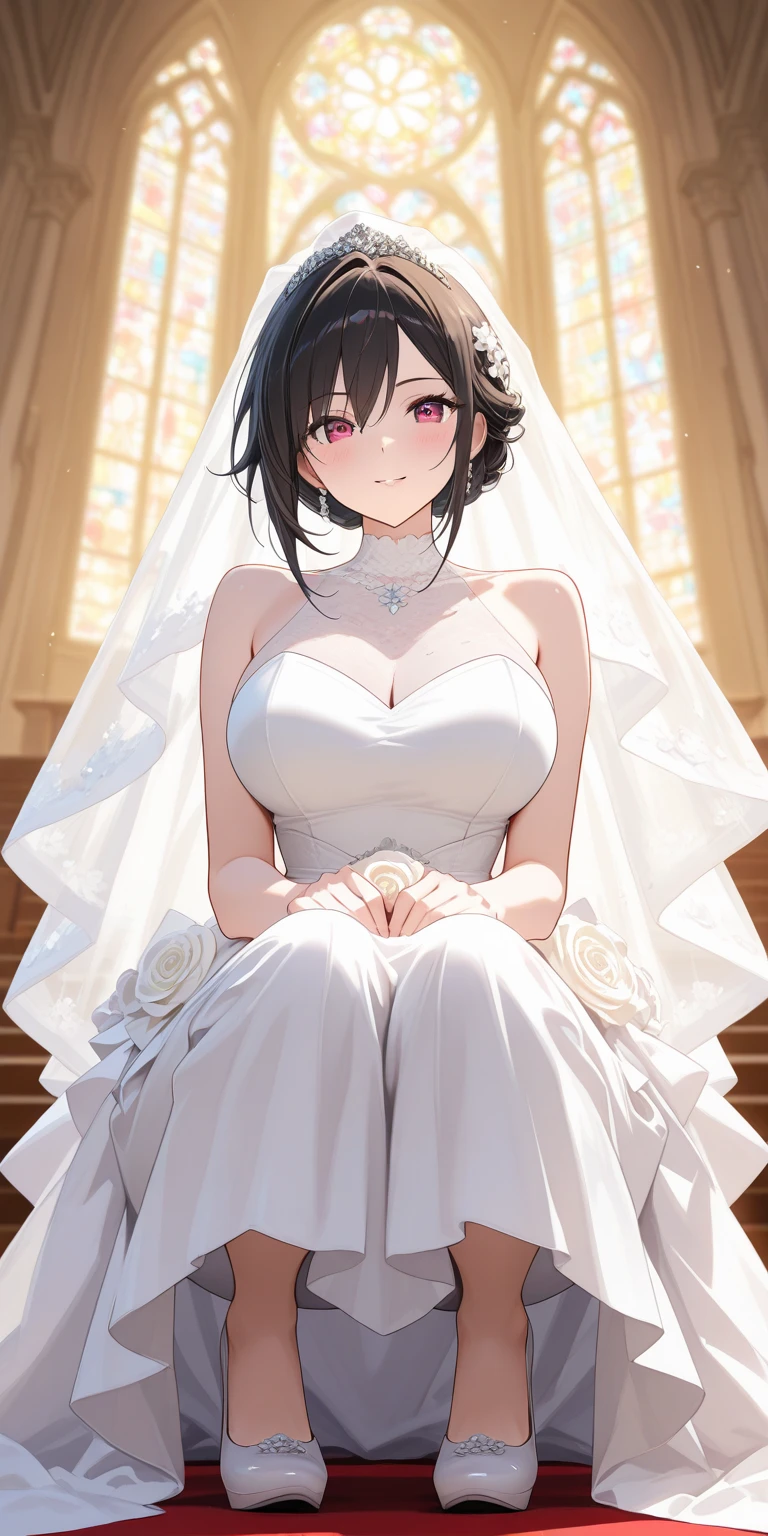 (gigantic breasts),Black Hair,Short Hair,(Two Side Up:1.1),Yellow big eyes,A very happy smile,Open your mouth wide,View Viewer,BREAK,(Pure white wedding dress,Strapless Dress,Wedding Veil,Long skirt:1.3),Church Background,Large stained glass,The sacred light shines,Clasping hands,Are standing,Full Body,Top view
