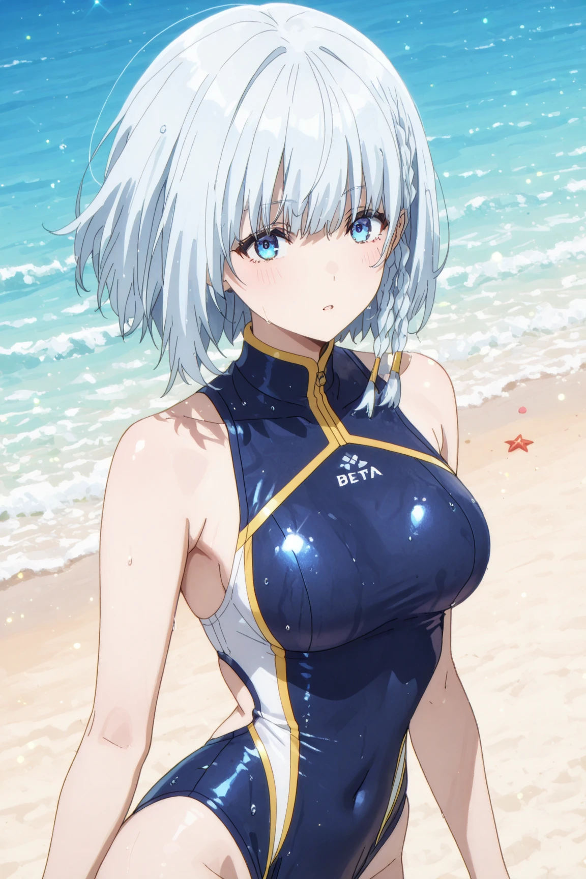 （（（masterpiece、Highest image quality、highest quality、highly detailed unity 8ｋwallpaper）））、（（Illustration of one girl））、（（（beautiful girl）））、（（white hair、short hair、shaved sides：1.4、light blue eyes））、（（（stocky build, thickset physique, muscular legs, broad shoulders, solid chest：1.6）））、swimsuit、sandy beach