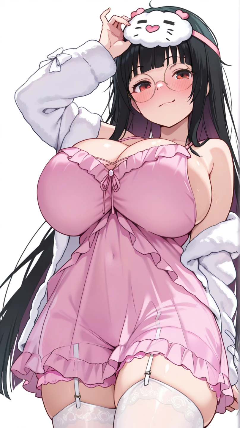 ((nsfw)), (anime character), ((stocking)), masterpiece:1.2, 1women, solo, (best quality), (real picture, intricate details, depth of field, make up, parted lips, highly-detailed, perfect face, (huge breasts:1.8), (skindentation), attractive waist, tall, glossy coral lips, moderate musculature, toned abdomen, beautiful navel, (white square hair:1.2), (beautiful bright red color eyes), sexy, (blushing, drunk), sleepy expression, peaceful atmosphere, disproportional tits, hanging breasts, (naked), (black strand of hair)