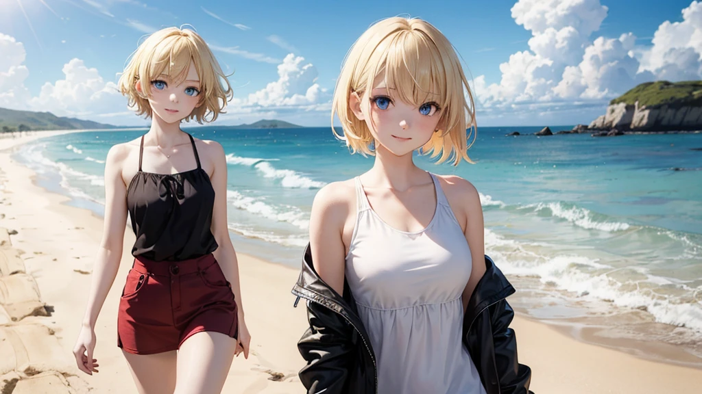 (masterpiece:1.2), (highest quality:1.2), Ultra-high resolution, Colorful,Professional artwork, Super detailed, Detailed face, Fine grain, Perfect lighting, Complex, One girl, Blonde, blue eyes, Aya Brea, (Large Breasts:1.3, Cleavage), Frilled bikini, Red Bikini, abdomen, Realistic, Day, Beach, Ocean, road, shop, sand, Angels
