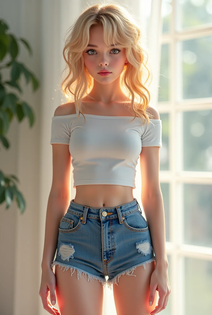 (((medium full shot))), (Masterpiece, photorealistic, photorealism, best quality, ultra-detailed:1.3), (nice hands, perfect hands), official art, cinematic light, (1girl:1.3), adult,solo, long hair, breasts, looking at viewer, blue eyes, blonde hair, shirt, bow, cleavage, bare shoulders, medium breasts, closed mouth, standing, collarbone, white shirt, hair bow, thighs, parted lips, shorts, hand up, off shoulder, nail polish, lips, fingernails, hand on hip, short shorts, black bow, wavy hair, denim, contrapposto, blue shorts, denim shorts, realistic, nose, off-shoulder shirt, midriff peek, cutoffs