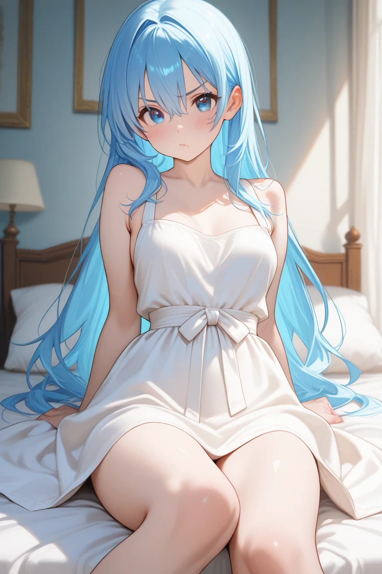 a women, blue hair, blue eyes, white dress