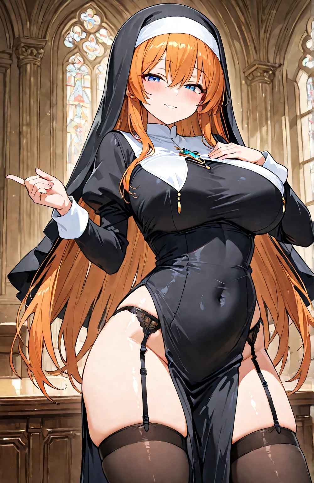 masterpiece, super fine illustration, best quality, light particles, ultra-detailed, 8K, (bright colors:1.2),[official art],[[anime styled]],[[digitalart]],siggy, nun, 20yo,young female, brown long hair, bangs, green eyes, jewelry, necklace,(naked,nude),embarrassed,(elect nipples),(white lace panties),standing break background church