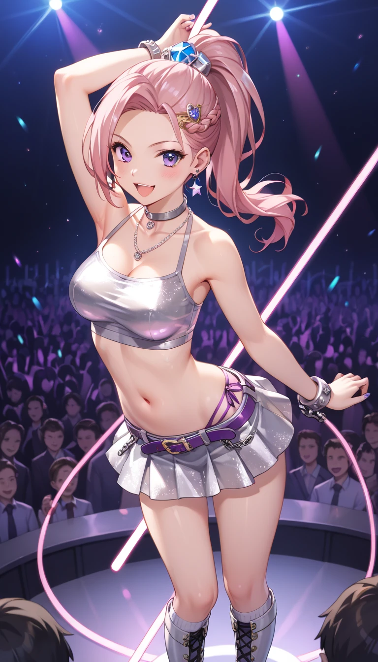 Illustration, cinematic light, high resolution, best quality, ultra detailed, detailed face, (detailed eyes), highest quality, super detailed, masterpiece, (detailed face), pretty face, best smile, sexy mature woman transparent (cute t-shirt) cloth, floating cloth, see-through, choker, , D cup, cleavage: 2, NSFW, high heels, blue eyes, neon small shiny hair edges, ruffled mini skirt, AI fantasy concert, glowing lighting with neon details, holding a microphone in left hand and singing: 15, black magic 💕, (live stage: 1.15) in the background audience, butt sticking out and singing, light reflection, heart-shaped iris, playful eyes, open shoulders, rain, (wet body), small glowing butterfly, hair jewelry, panties, (cute embroidered white string panties)