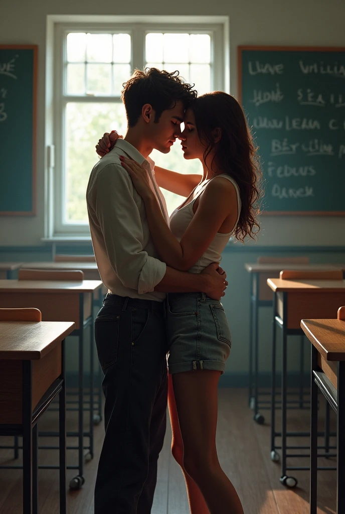  white woman with long hair and average ass having sex with a naked black haired boy in the classroom, his dick inside her vagina