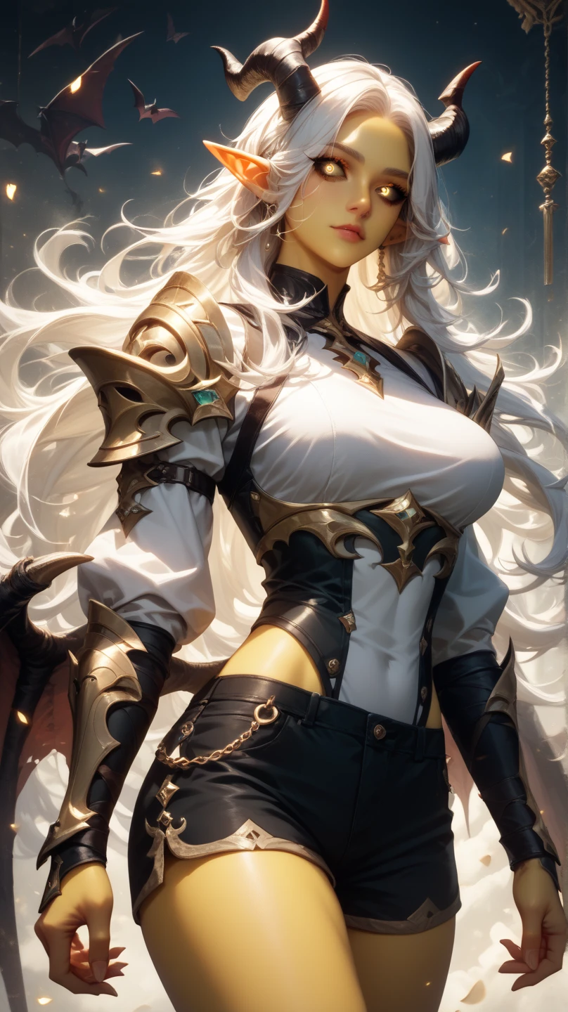 ((best quality)), (detailed), 1 women dark knight armor, 8k_wallpaper, extremely detailed eyes, (large masterpiece digital art), (intricate details:1.3 ), (ultra-detailed:1.3), (sharp focus:1.3), (natural lighting:1.05), (vivid colors:1.3), (best quality:1.4), expressive eyes, full body, detailed face, beautiful face, perfect face, ((hair sandy white curls)), ((gold horns)), (gold eyes), {{dark skin}}, ({dark skinned female}), big breasts, huge chest, powerful relief muscles of the abdomen and legs, powerful strong muscles of the arms, belly piercing with blue emeralds, mid-range pelvis and big ass, cruel predatory and cold-blooded arrogant look and smile, an open red coat with rolled up sleeves, an open coat with rolled up sleeves, a silk yellow crop top through the fabric of which the clear outlines of large pointed nipples are visible, a wide orange belt lowered lower with large gold yarn, leather shorts, leather gloves, steel gray bracers and shoulder pads, dark silver chain mail oversleeves, a medieval marching backpack made of animal skins and fur, walking along the path against the backdrop of the elven ruins of the city and colorful blooming flowers,