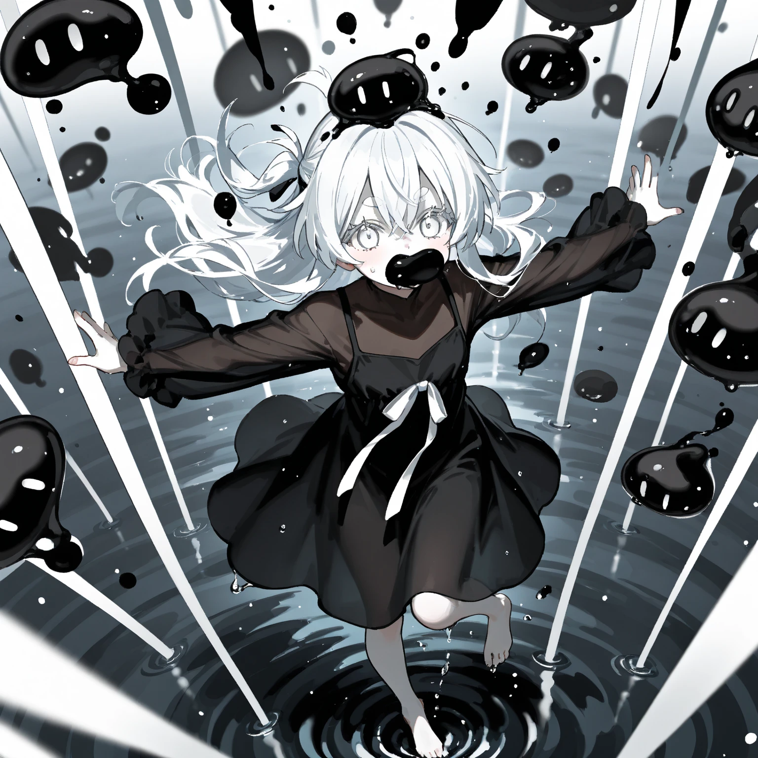 full body view, best quality, detailed drawn hands, realistic fingers), (masterpiece, sidelighting, finely detailed beautiful eyes: 1.2), ((Best quality)), ((masterpiece)), (highly detailed:1.3), anime, slime is dripping from girl's body, background is visible through girl's transparent upper body, translucent goo, transparent slime, standing, black face color, covered in black goo, covered in white goo, young girl, loli slime girl, messy, half black and half white slime, small chest, head covered in white goo, extremely long hair, red eyes, hair between eyes, merged with goo, melting body, dripping with slime, half black body color, liquid body, white skin color, liquid hair, slime covered hair, white hair, masterpiece, clean image, high res, HD, high quality