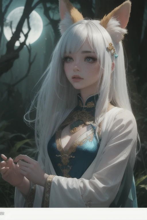 "Moonlit priestess, tropical oasis, magical pond, nocturnal mysteries, ethereal enchantment"