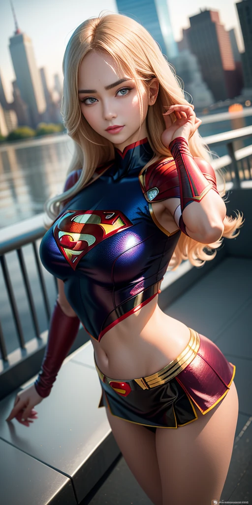 Long Blonde Hair, 23 years old, Large breasts, Wearing (Supergirl Suit), Highly detailed, art  stations, Smooth, Sharp Focus, 8K, (underboob) 、Beautiful American woman long blonde hair, 23 years old, Hourglass body,Huge breasts, Defined body, Wearing lace lingerie:1.6 (((Bra, thong panties and 7/8 Supergirl cosplay sock)) , realist,((Superwoman Costume)) 、 biomechanical oppai,、fanart best artstation, artgerm style, Marked cat,masutepiece, Full Detail,  Photorealistic, 8K, ((( large full breasts:1.5、Big thighs:1.2)))、((Hands together))、wounded、Full of scratches、Turning the crotch、((Looking at the camera))、Light in the eyes