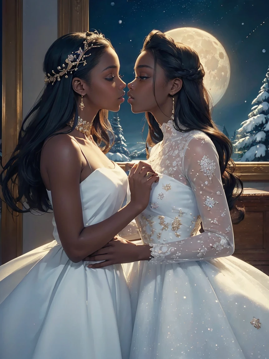 (masterpiece, highest quality, official art, beauty and aesthetic:1.5), (perfect anatomy), two gorgeous and stunning dark-skinned or pale-skinned young girls are deeply in love with each other, kiss, perfect make-up, romantic atmosphere, flower and moon, magnificent panorama view