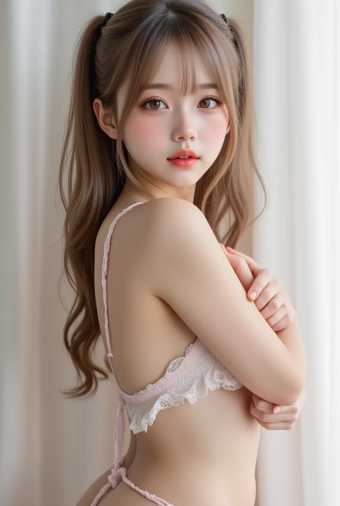 8K, Raw photo, Photorealistic, Realistic, (Detailed skin, Best Quality:1.2), ((Small chest:1.5, flat-chest:1.5)), (Baby face:1.2, Fairer skin, petite body), (Long hair, long_hime_cut_Hairstyle, Twin-tailed), Japan teenage girls, (White lace bra, White lace panties), Sitting on the bed, Full body shot, Studio Lighting