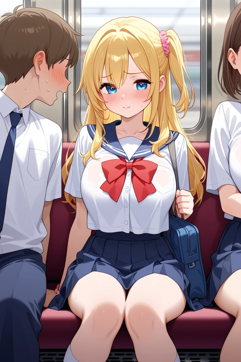 NSFW,masterpiece,highest quality,High resolution,anatomically correct,Fiami,Dark-ish,Yaminor,1 girl,long hair,solo,hair ornaments,two side up,blonde hair,red eyes,small breasts,hair ornaments,school uniform, hair ornaments,skirt, red eyes, thigh strap, sweater vest, 格子縞のskirt, plaid socks,molestation,My butt is grabbed on the train,My breasts are being fondled by a man,My pussy is being touched,shy,sex,立ちバックsex,Creampie,Being penetrated by a man from behind