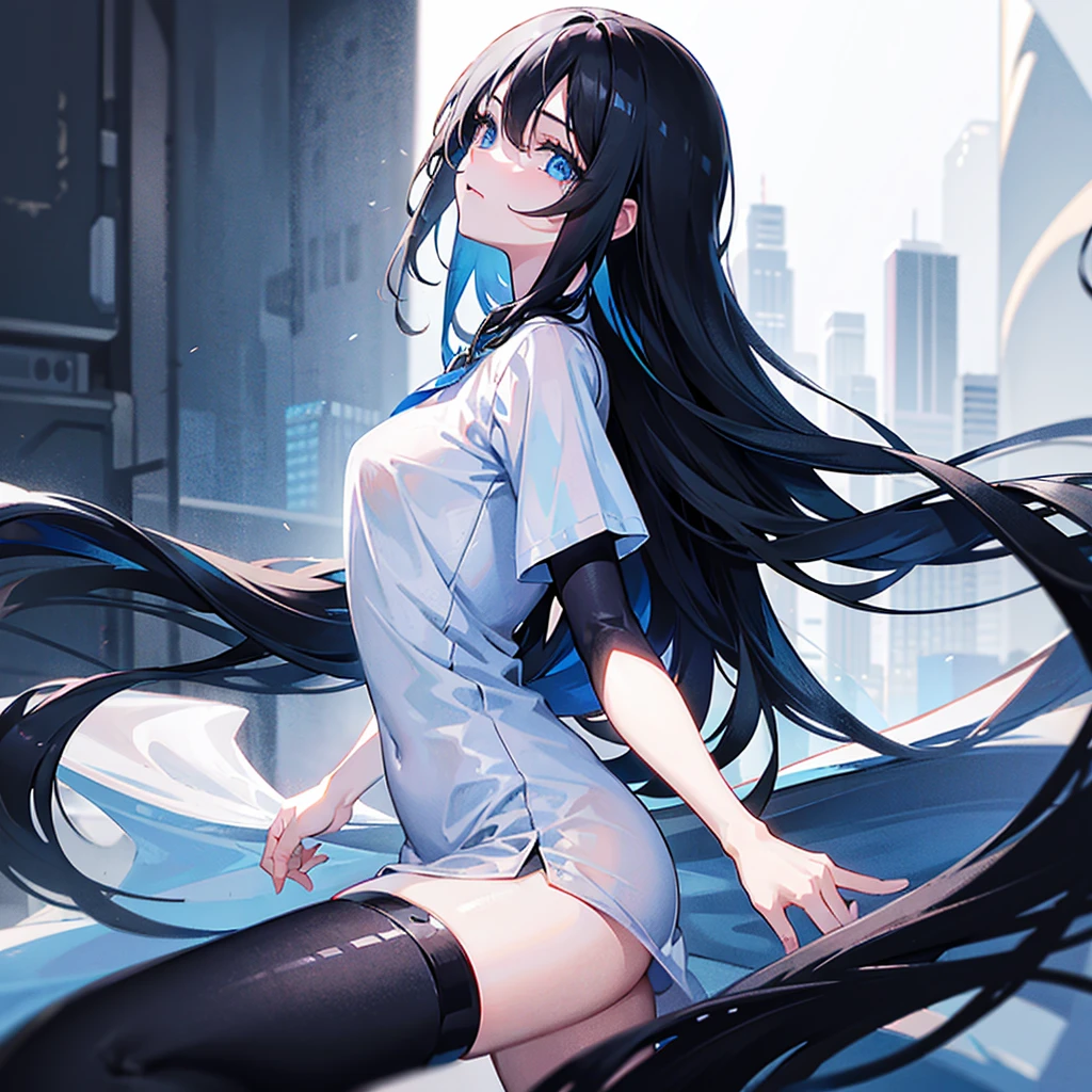 She has long, straight black hair and sharp eyes.