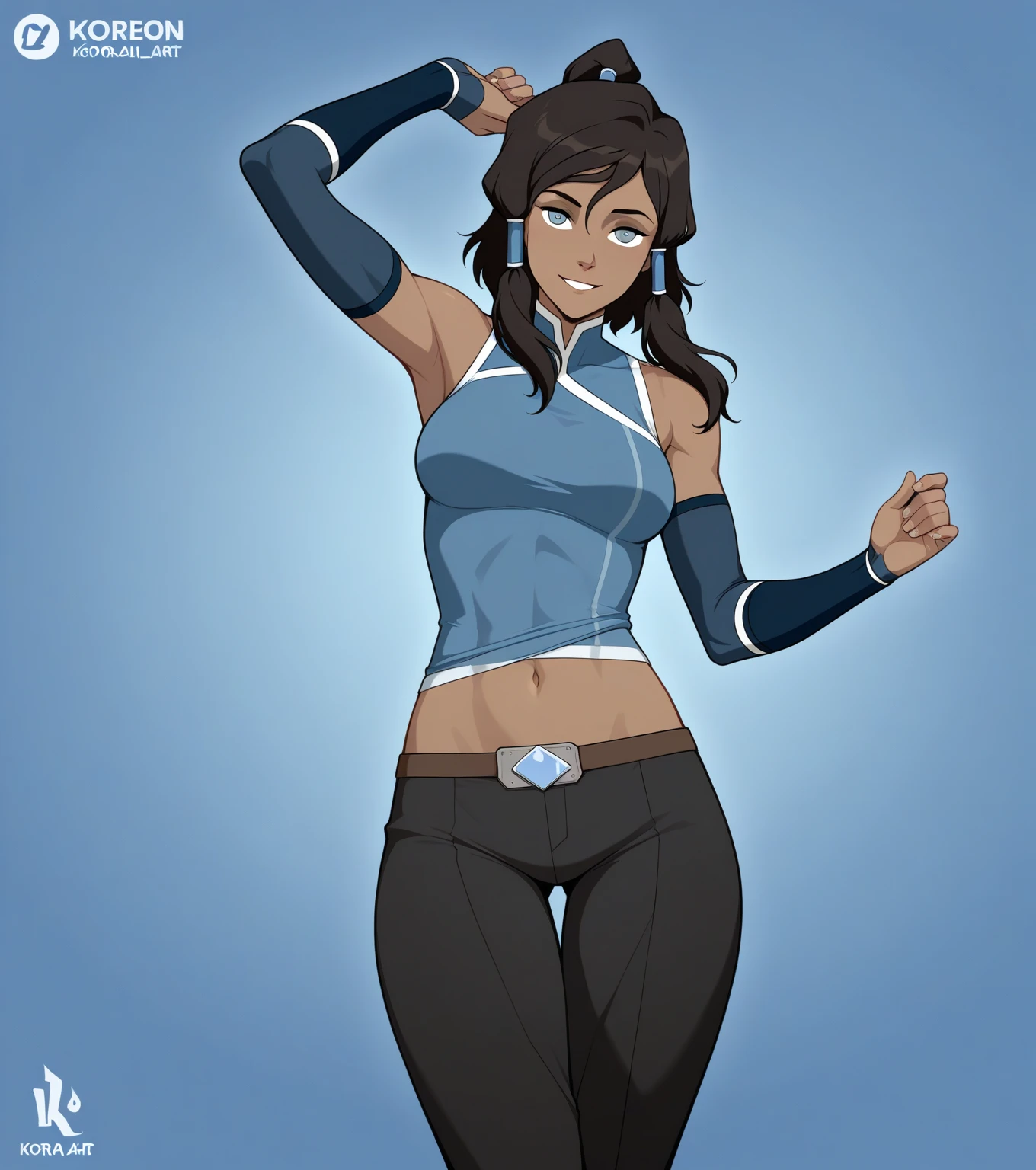 score_9, score_7_up, 1girl, solo, korra, midriff, bike shorts, toned, crop top, sweat, presenting, armpits, dark skin