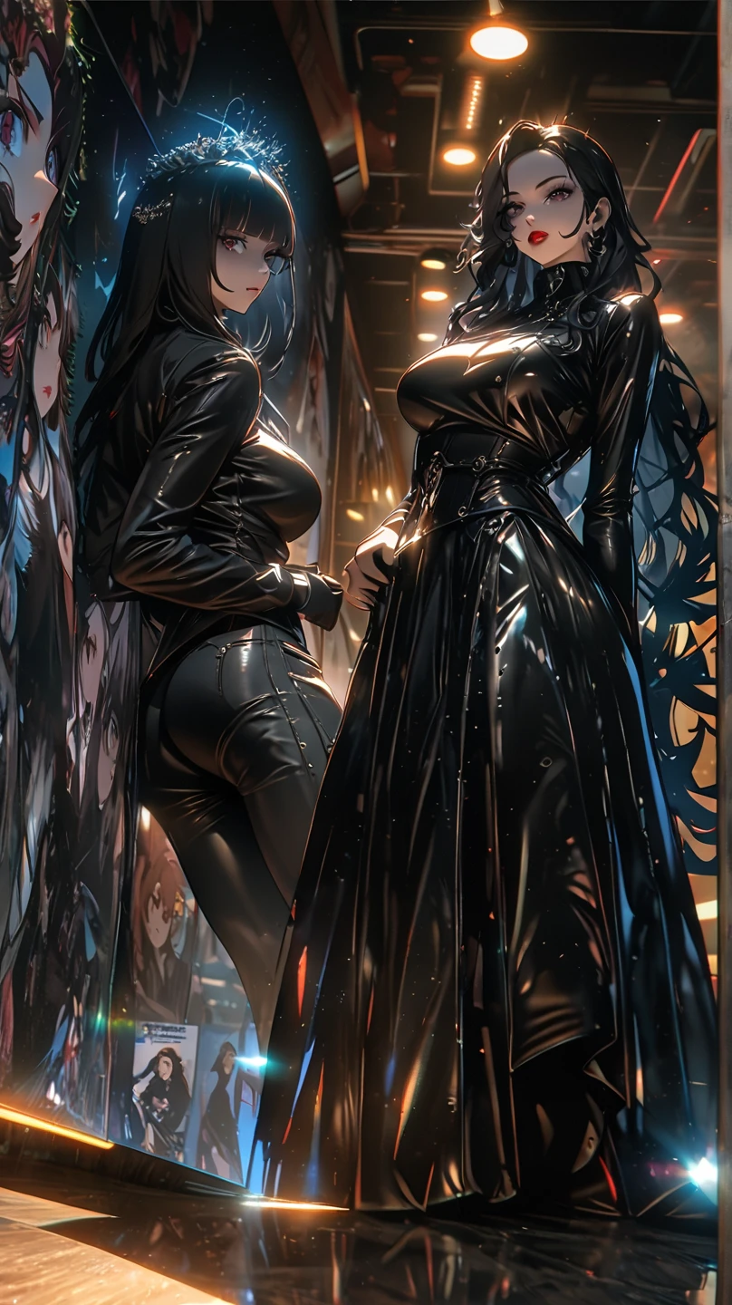 Illustration art, full body movement, sexy woman in black outfit, underworld woman, very cool facial expression, gorgeous background, great erotic art, line art, sexy art, detailed body part details, long legs, inspired by J.C. Leyendecker, epic European and American illustrations