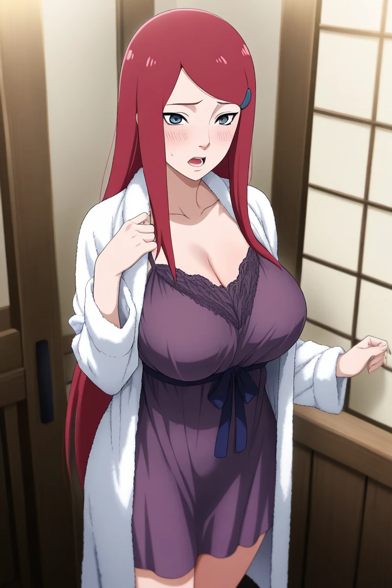 solo, 1 girl, very beautiful girl, (standing), Model appearance, Red hair, purple eyes, standing in the room, dressed in a kimono and thong, bare thighs