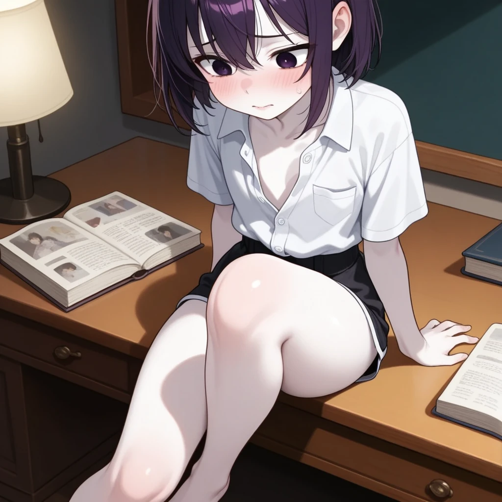 small breasted, naked woman sitting on desk, legs spread, embarrassed, blushing