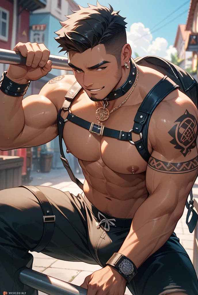 Tattoo，barefoot，Ultra-short vest，(Sit on the ground), (A corner of the photo from bottom to top) (Highest quality images) Lion Man ,real, young, ( Wearing shorts), Crotch protrusion, Anime Character, Legs open, Male Face, bonito rosto young, Undercut Hair, Huge chest muscles, Thigh muscular, Biceps tendon, Huge body, Toned body due to intense training, muscular, 8-pack clear ABS, 3 meters high, Topless, , Glowing skin, Dihan.com, Put your hands on exist&#39;s thighs, barefoot, No beard，best quality, masterpiece, expressiexistless, Ultra-high resolution, Detailed background, man, Solitary, texisted male, short hair, Sukuna a man with pink hair and shirtless, Tattoo_both sides, Tattoo_exist_his_Face, Face to viewer,