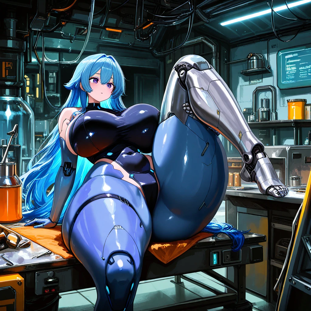 ((1 cyborg woman)),((huge breasts,naked pussy,naked breasts,biomechanical breasts)),((urethral insertion)),((short light blue hair with ponytail,blue eyes)),((cented I spread my legs wide in the shape of an m, on top of a table with monitors, sticking a blue rubber penis in my ass)), naughty smile