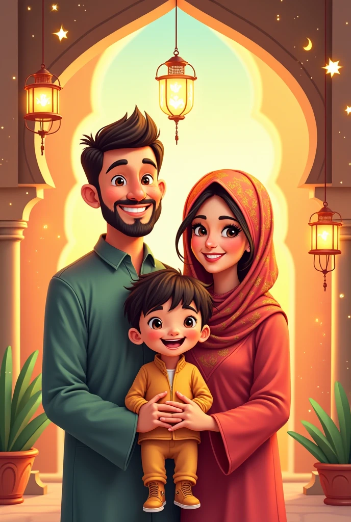 Create a cartoon illustration of my family.
Niqaabi wife with niqaab
Bearded husband with thowb and cap
1 elder 6 years old girl
4 years old boy
1 year old girl