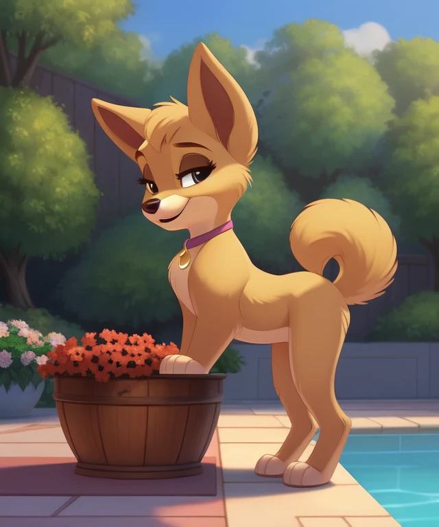(by qupostuv35:1.2), female, (Detailed face), (solo:1.1), ((anthro, humanoid)), [(thin:1.1) : small  : (angel \(lady and the tramp\):1.2):4], (Detailed face), (more details, detailed background:1.1), (anthropomorphic legs, anthropomorphic hands:1.1), bangs, collar, on a luxurious Swimming pool, shorts, (top:1.1),Evil makeup, chubby