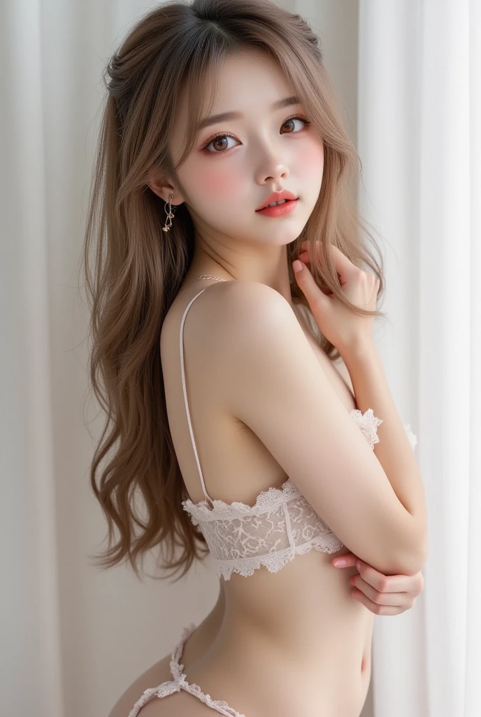 ((Top Quality, 8k, Masterpiece: 1.3)), 1 Girl, Slender Beauty with Big: 1.2, (Dark Brown Hair, Long Hair, Big: 1.1), Indoors, Super Detail Face, Detail Eyes, Double Eyelids, Beautiful Butt, Smile, 24 Years Old, Sofa, Detailed Legs, Light Pink Lace Lingerie, Bra with Less Fabric Area with Large Chest Visible, Detailed Hand Fingers, Detailed Arms,Small and Firm Breast