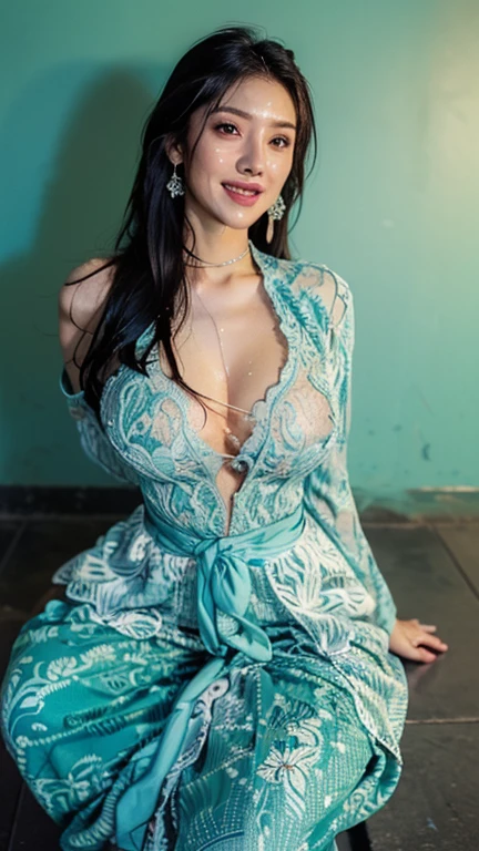 (8k, best quality, masterpiece: 1.2), highly detailed, Masterpiece, realistic lighting, masterpiece, best quality, masterpiece, official artwork, highly detailed 8k unity CG wallpaper, 17 year old Indonesian teenage girl of Javanese descent, long black hair tied with a long cyan ribbon with horsetail motif, graceful and beautiful, full of charm, smiling sweetly and happily, wearing a long transparent white shirt with small straps, clearly visible cleavage, big , belt, transparent cyan mini skirt, barefoot, slim and tall body, sitting elegantly on a leather sofa facing forward.