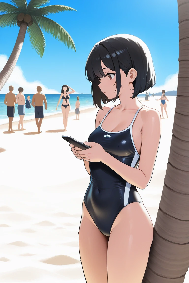 .bob cut black hair,white bikini,see-through white mini skirt,nsfw,glamorous, voluptuous, curvy, petit,beach,many boys surround ,boys with smart phone