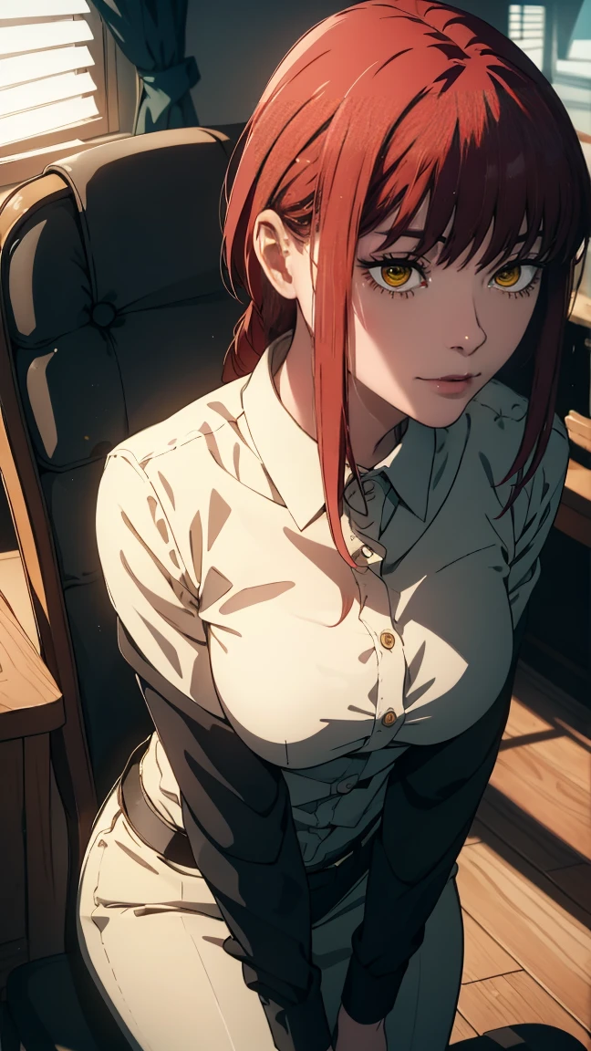(masterpiece, best quality:1.2), solo, 1girl, red hair, yellow eyes, makima,, unbuttoned shirt with collar, on the chest, a lot of, black unbuttoned pants, wide hips,