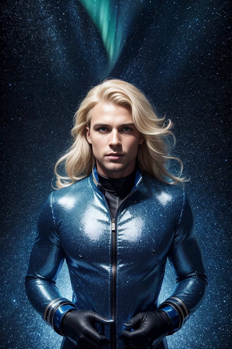 A beautiful masculine man wearing a short translucent, long hair, seductive, orgasmic, erotic, sensual, thighs, perfect anatomy, full body pose, nacre, midriff, skin pores, perfect face, iridescent robe, sharp details, posing as a delicate knight, surreal, field of stars, insanely detailed, glitter, sparks, muted colors, sharp focus, emitting diodes,
