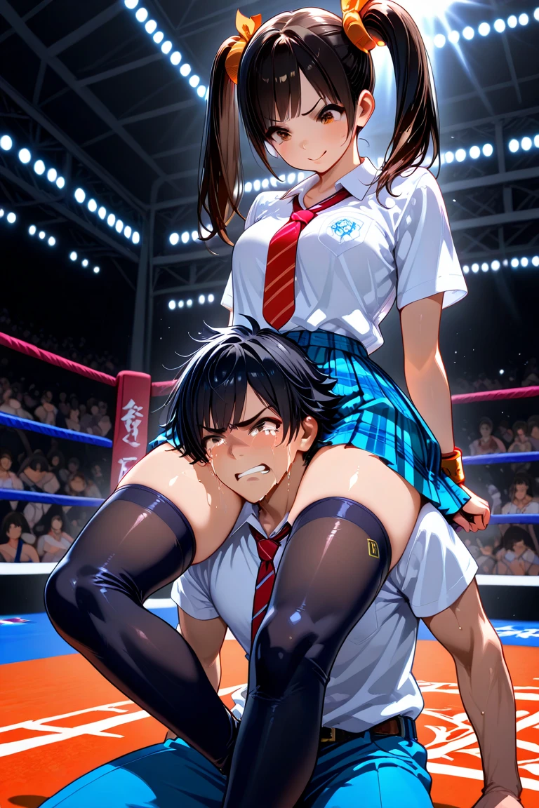 (1 boy, 1 girl), a teenage school girl in mixed bondage wrestling with a teenage boy, they are roughly the same age, the school girl is wearing a red pleaded careered skirt and a black pullover, the girl has a is a bit smaller than the boy, the girl has shoulder long hair, the boy is wearing casual clothes, teenage boy hogtied and struggling against the ropes, school girl applying more ropes to the teenage boys body, blushing boy dominated and controlled by the girl, the girl is smiling and laughing and tries to humiliate the teenage boy, the teenage boy is blushing and ashamed and is gritting his teeth, he desperately tries to break free but to no avail, the girl is sitting on top of the teenage boy to prevent him from moving and has ropes in her hands and uses them to tie up the arms of the teenage boy behind his back,the arms of the teenage boy are completely tied behind his back in lots of ropes, the teenage boy looks very embarrased and ashamed, the girl is saying „this must be embarrassing for you“ , huge struggle, many viewers watching, wrestling ring,intricate rope work, teenage boy blushing and ashamed, dramatic lighting, highly detailed, photorealistic, 8k, masterpiece, teenage school girl vs teenage school boy, femdom, power, control, beautiful teenage girl, detailed faces, teenage boy aggresively tied up by teenage girl, lots of rope, perfect eyes, detailed faces