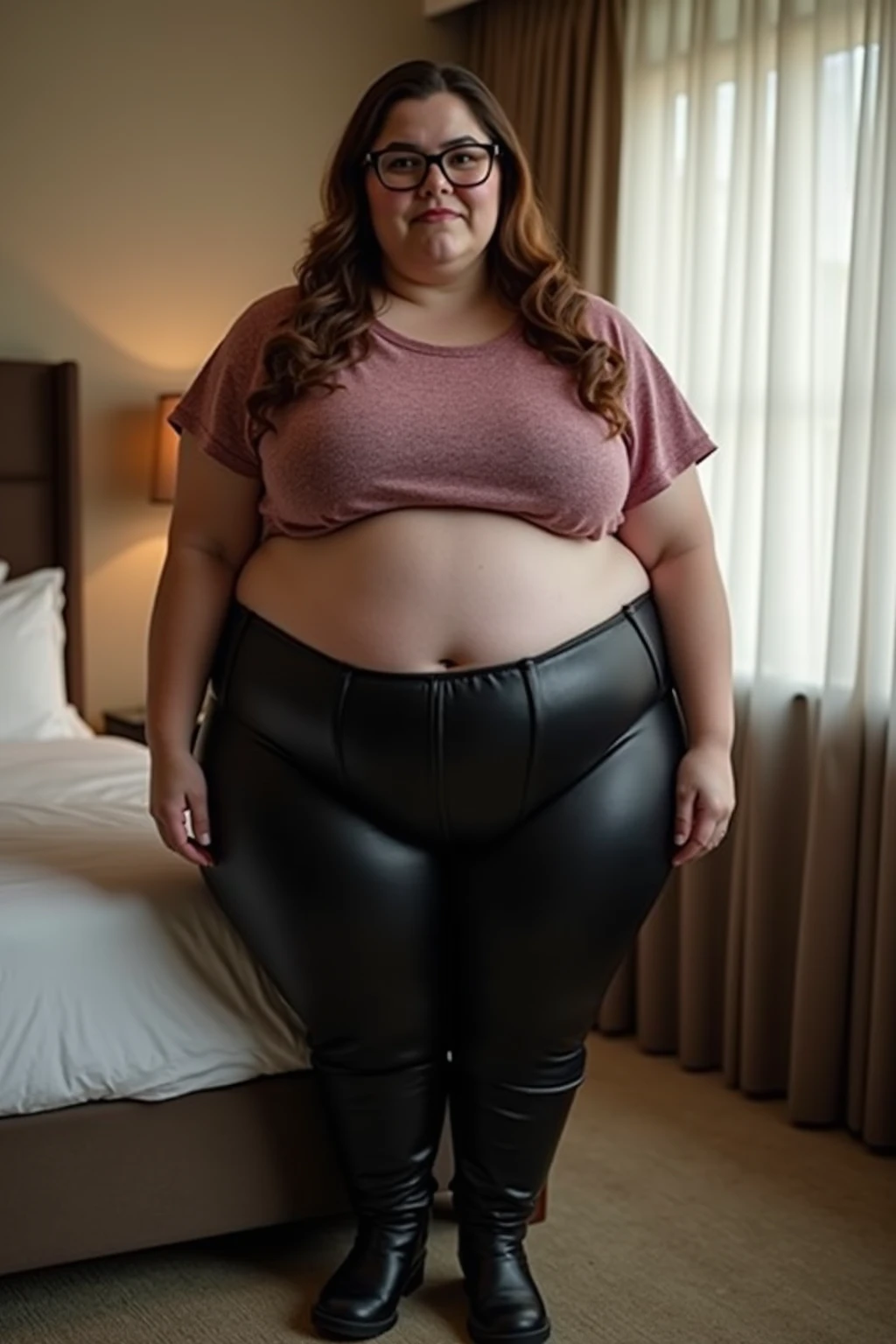 image of a beautiful blonde woman, natural look, gorgeous model, long hair, portrait 1:4, bokeh, beautiful, wearing tight black leggings, a crew-neck sweater, sexy, starting to transform into an anthro pig, pig features, small pig nose, curly pig tail, small spiral tail, pinkish skin, pig ears, pig nose, chubby, overweight, clothes beginning to stretch and tear, fat butt, round belly