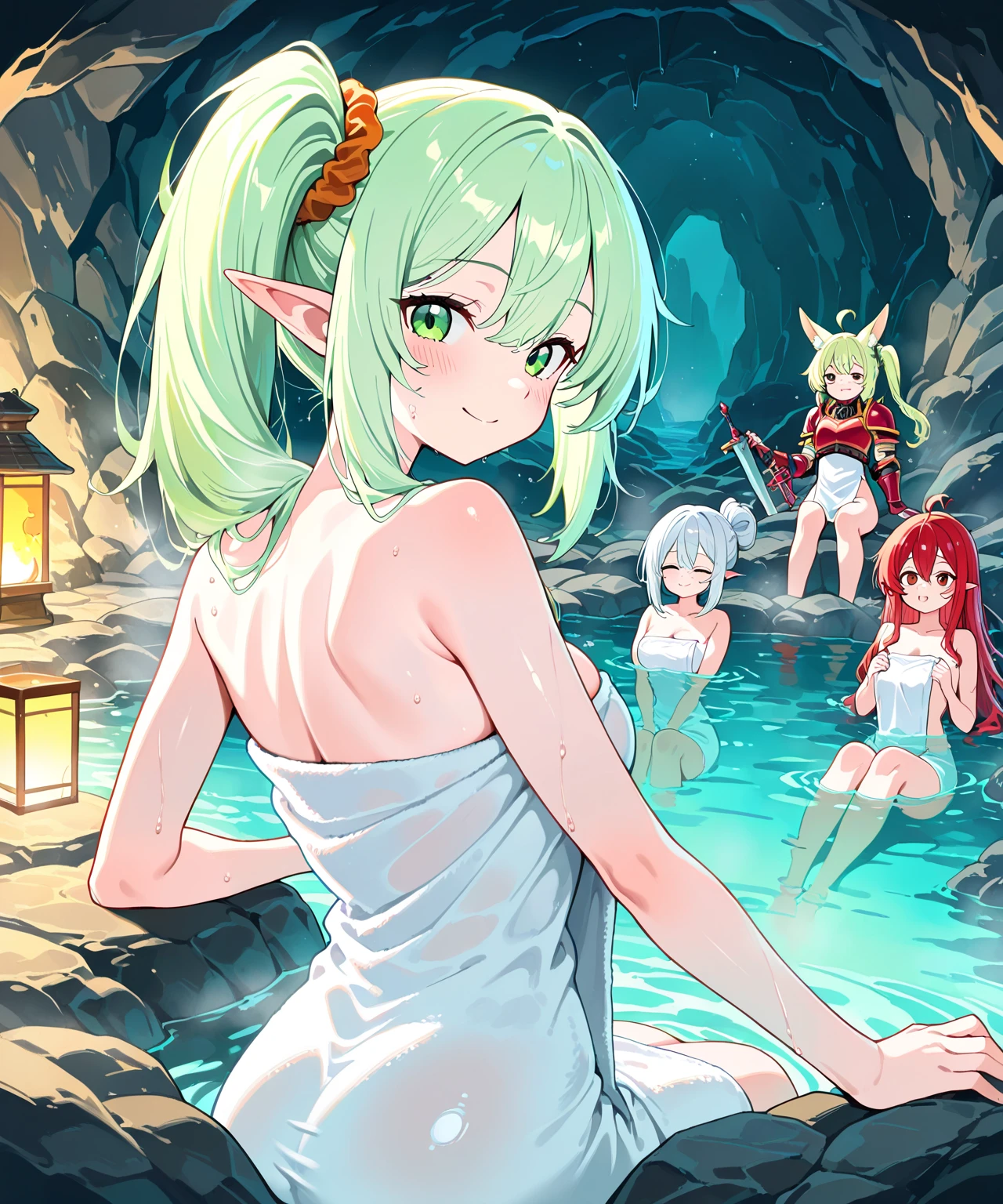nsfw nipple, 3girl, elf, long hair, side tail, Green hair, silver eyes, hair bow, Space, (wearing nothing:2),cooking,  large breasts, , long hair,ponytail, short hair, blue eyes