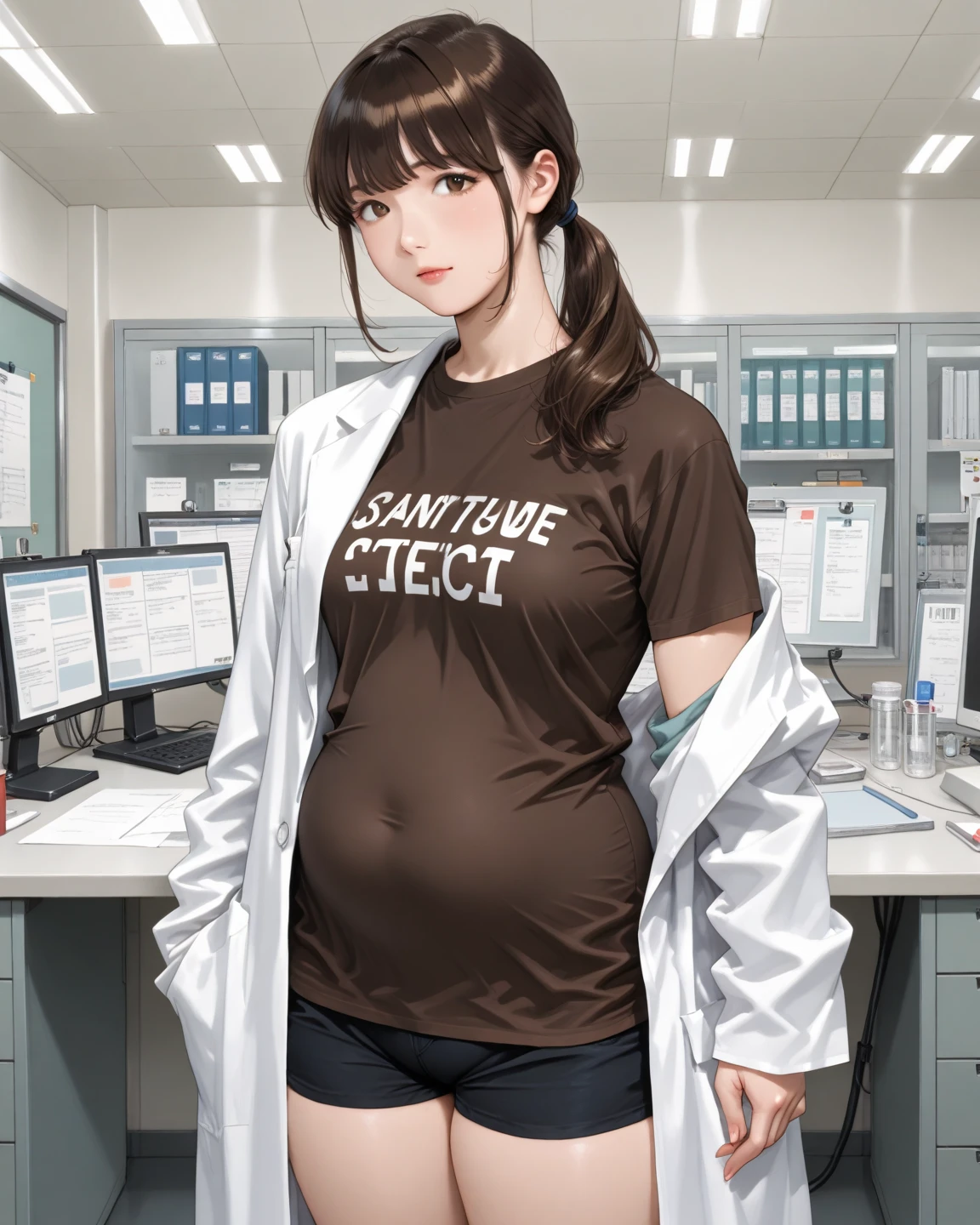 (high quality), 1girl, long brown hair, two tone hair, ahoge, young girl, smart girl, at workshop, lab coat, short skirt, engineer, drafter, computer, pregnant, look at viewer