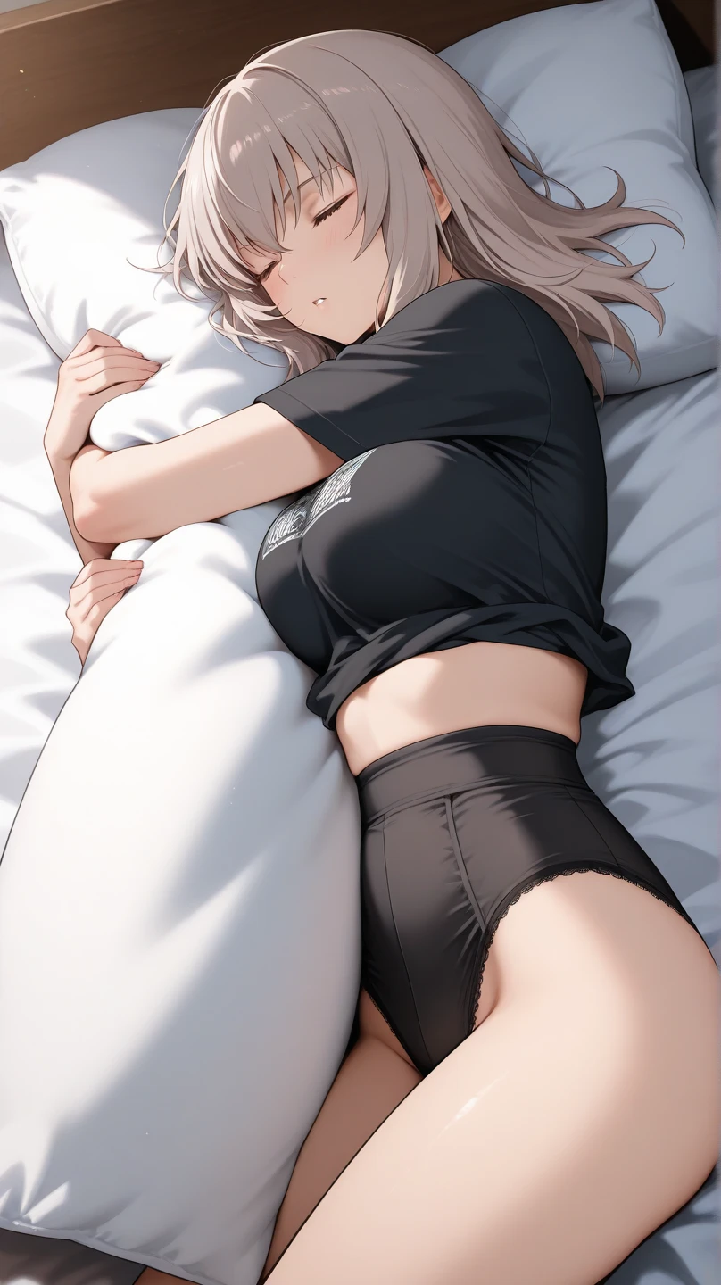 A cute 18 year old boy with fair skin, large eyelashed eyes, yellow eyes, long white hair, small plump lips, delicate and adorable appearance, Wearing fishnet stockings, a big t-shirt, Lying face down on the bed