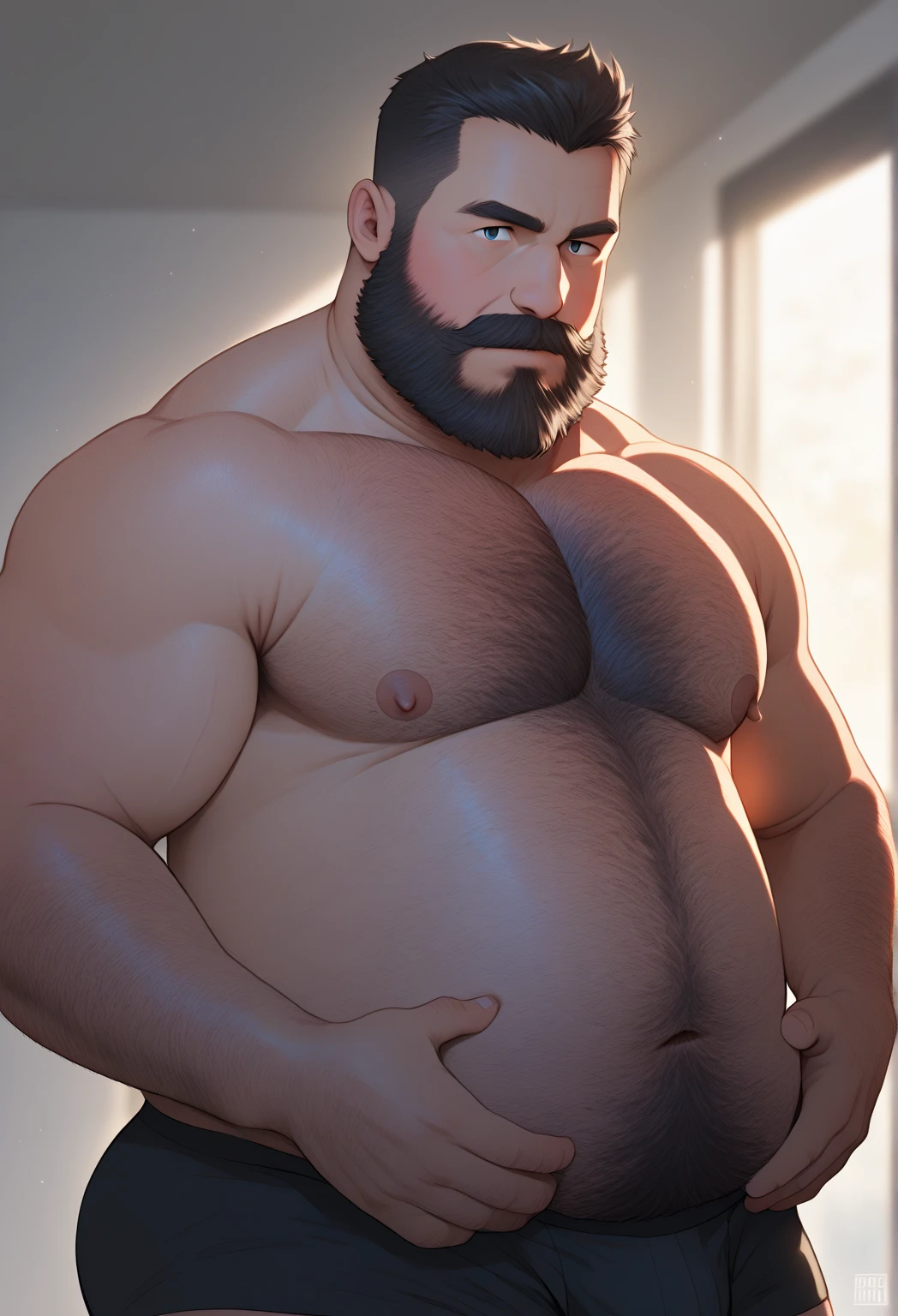 40 years old white Male, tall, giant body, handsome, dad bod, beefy, strong arms and legs, wide shoulders, a bit chubby muscle gut, a bit of fat but still very muscular, extremely hairy, a lot of body hair, short beard, naked, (huge oversized cock), (giantic heavy hairy balls), sitting on the couch relaxing, cabin's living room, (wooden floor), big window with views to the beach
