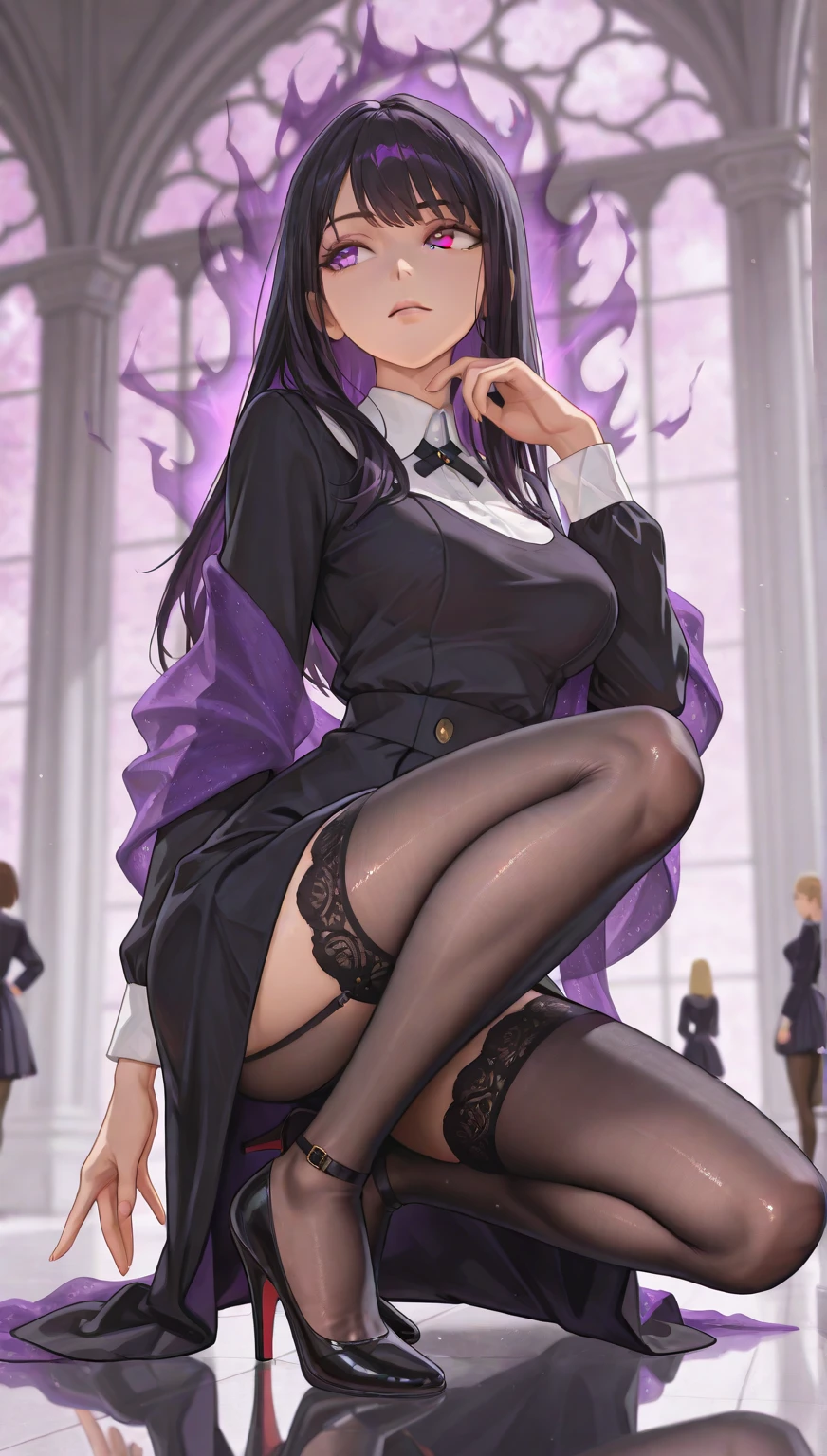 kanaotsuyuri, kanao tsuyuri, black hair, butterfly, butterfly hair ornament, (purple eyes:1.1), side ponytail, ponytail,
BREAK black skirt, cape, demon slayer uniform, long sleeves, pleated skirt, skirt, white cape,
BREAK looking at viewer,
BREAK indoors, classroom,school,lights,
BREAK (masterpiece:1.2), best quality, high resolution, unity 8k wallpaper, (illustration:0.8), (beautiful detailed eyes:1.6), extremely detailed face, perfect lighting, extremely detailed CG, (perfect hands, perfect anatomy),fishnet pantyhoes, full body shot, from below, showing panties,lace panties,