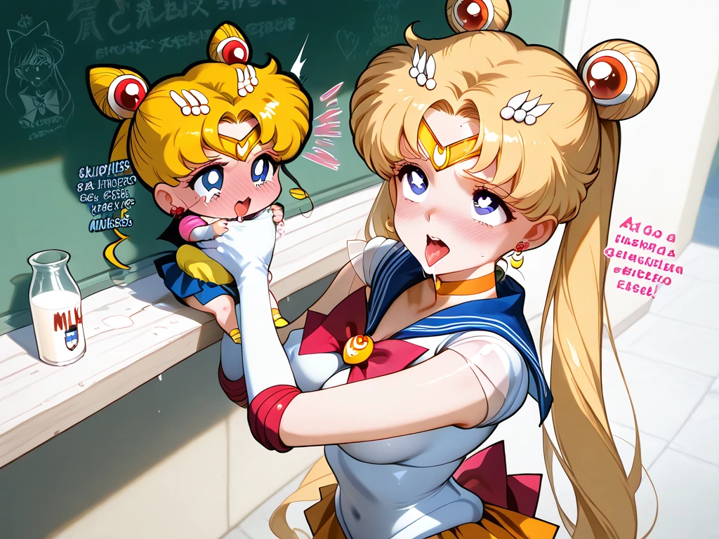 random location, girl clothes very small orange schoolgirl,Chibi uses focus, Hug ,subject,cabello largo ,blue eyes,cabello rubio,embarrassed,milk , parejas sailor Venus sailor moon, a Sailor Jupiter trio with chbiusa,Summarizing,Wearing tops,blushing,touching the vagina with her hand and fingers inside, Spanish dialogue ,milk oozing from her,covered nipple, medium breasts,a tall woman is grabbing spectator breasts, ,Ahegao, kindergarten girl, sailor Venus, text in Spanish, history, Hand down the skirt, sexy lingerie,
