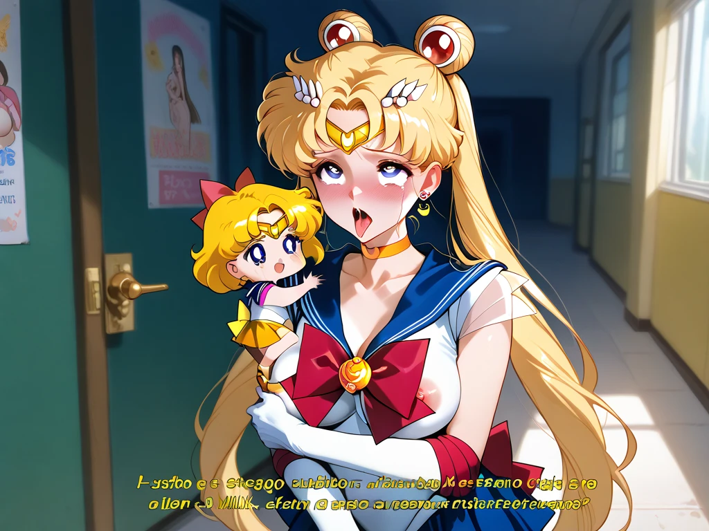 random location, girl clothes very small orange schoolgirl,Chibi uses focus, Hug ,subject,cabello largo ,blue eyes,cabello rubio,embarrassed,milk ,  parejas sailor Venus sailor moon,  a Sailor Jupiter trio with chbiusa,Summarizing,Wearing tops,blushing,touching the vagina with her hand and fingers inside, Spanish dialogue ,milk oozing from her,covered nipple, medium breasts,a tall woman is grabbing spectator breasts, ,Ahegao, kindergarten girl, sailor Venus, text in Spanish, history, Hand down the skirt, sexy lingerie, 