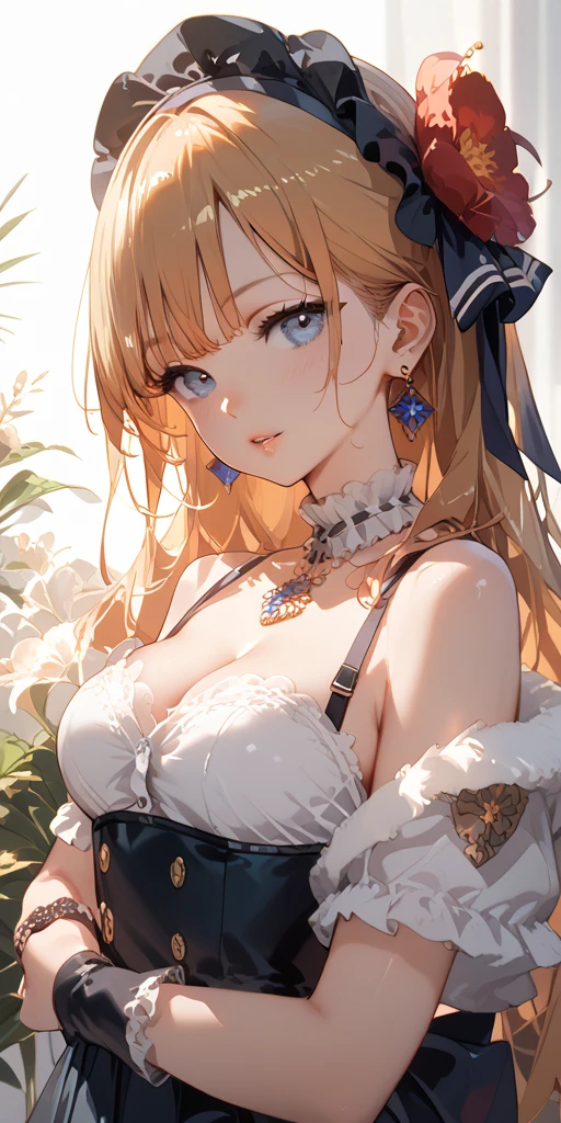(best quality,highres),(realistic:1.37),(portrait),(studio lighting), ,solo mature woman,curvy, giant breasts, giant ass,straight strawberry blonde hair, dusty blue eyes,full lips, seductive, choker, painter's apron,painter's