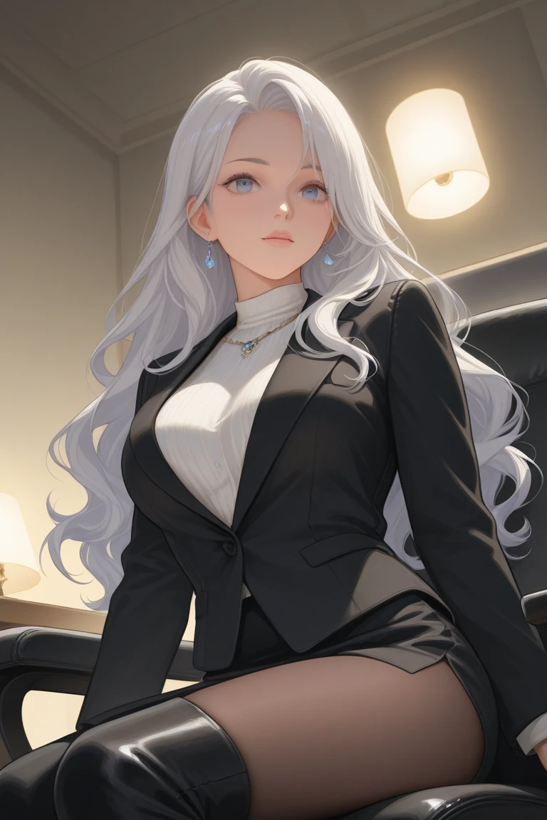 ((best quality)), ((masterpiece)), (detailed), Photorealistic, high resolution, mature woman, mature woman, Hips up, jewelry, Curtain Bangs, White hair, White eyes, หน้าอกใหญ่, HDR (high dynamic range), After processing, Anisotropic filtration,depth of field, Maximum clarity and clarity, multi-layered surface, perfect proportions, 8K raw files, กระโปรงสั้น, natural lighting, soft lighting, sunlight, city, street, detailed ???????, she's firm boss, not bossy, the most respected boss and leader, confident office boss, sleek black suit, white shirt, black tie,