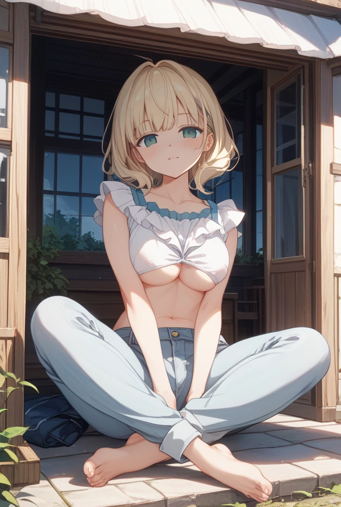 masterpiece, Highest quality, High resolution, One Girl, Detailed face, blush, Anime CG style, (Mid-chest), (20-year-old girl:1.3), Good lighting, Perfect body, Sakura Kinomoto, Glossy Lips, View your audience, garden, Cleavage, Medium chest,((naked)) 、Tight jeans