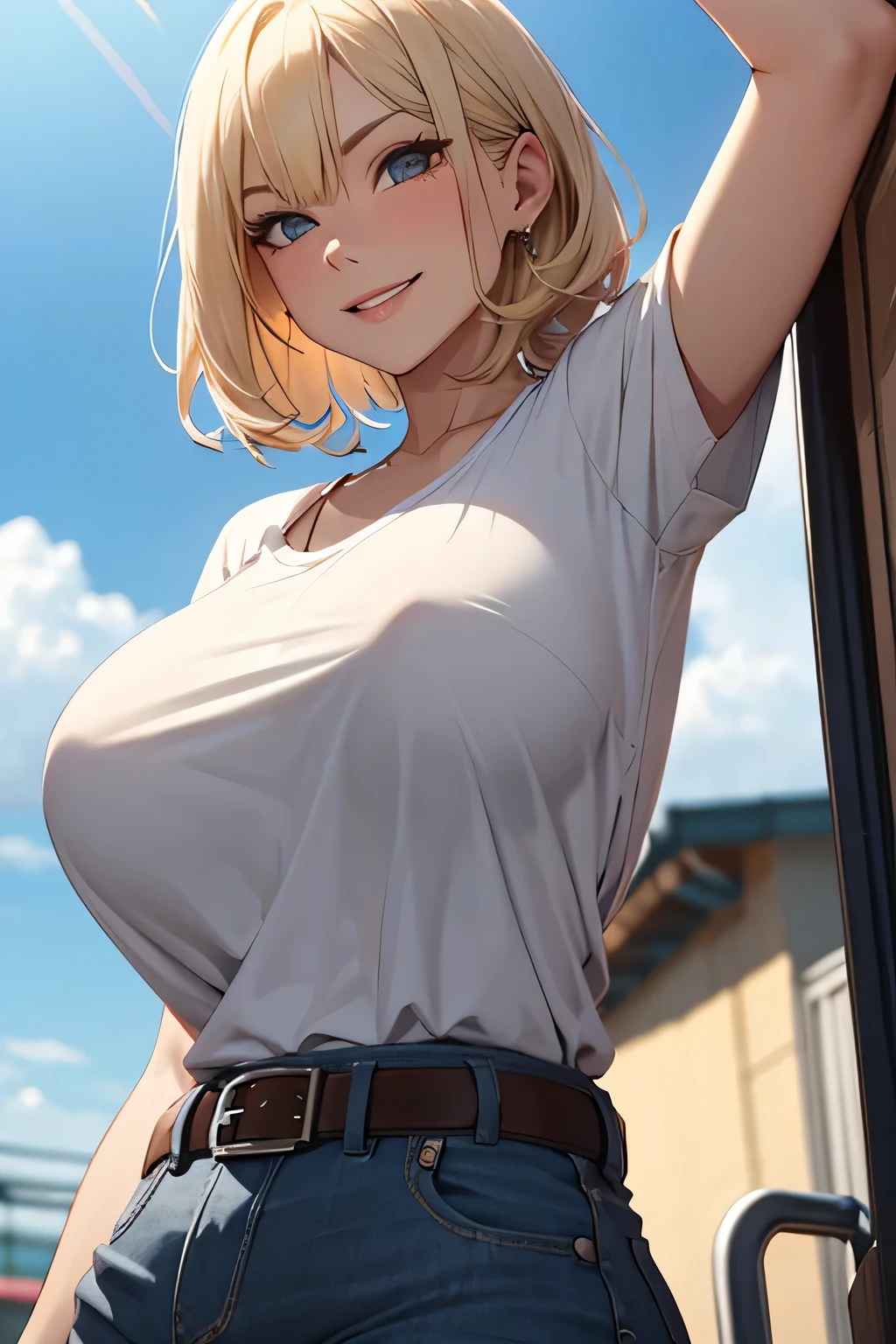 (masterpiece, best quality, high quality, highres:1.4), detailed, extremely detailed, ambient soft lighting, 4K, 1girl, (fox girl, mature female, milf:1.2), (short hair, blonde hair, blunt bangs, short sidelocks:1.3), (green eyes, smile, fox ears, smile, sweat, shiny skin:1.2), big breasts, narrow waist, wide hips, voluptuous, (buttoned white shirt, short sleeves, loose sleeves, belt, lowcut black jeans, necklace, cleavage:1.3), outdoor, park, city skyline, cloud, sky <lora:milfWeightEdit_v1:0.5> <lora:jujunaughtStyleLora_v10:0.3> <lora:envybetterhandsLocon_beta2:1> <lora:ShinyOiledSkin_v20-LyCORIS:1> <lora:add_detail:0.5>