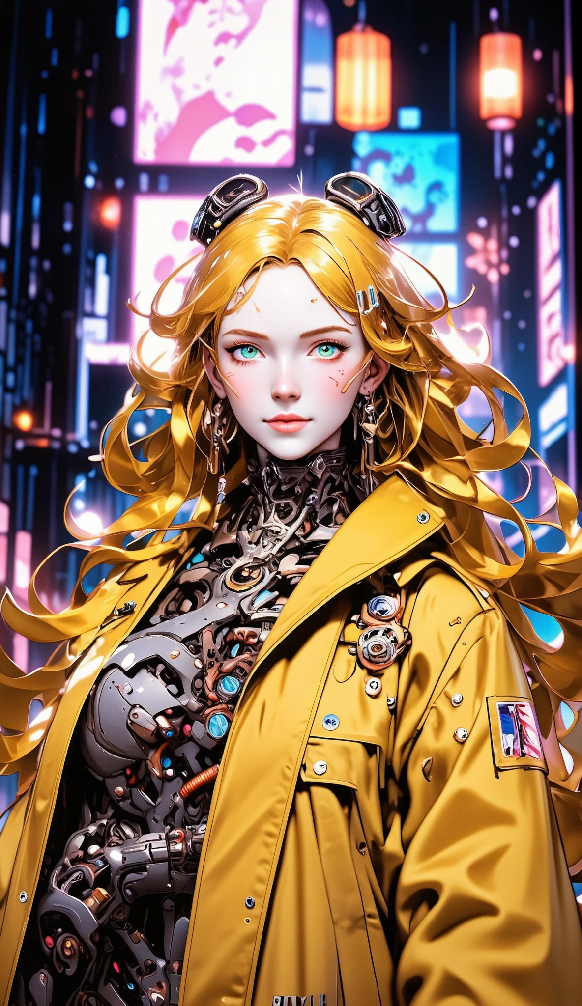 (masterpiece:1.2),(Highest Quality),(super detailed),(ultra high resolution),(best illustration),8k,Wallpaper,beautiful female cyborg,Full Body,psychedelic,Yellow costume、vector art,layered texture,progressive, Neo Tokyo