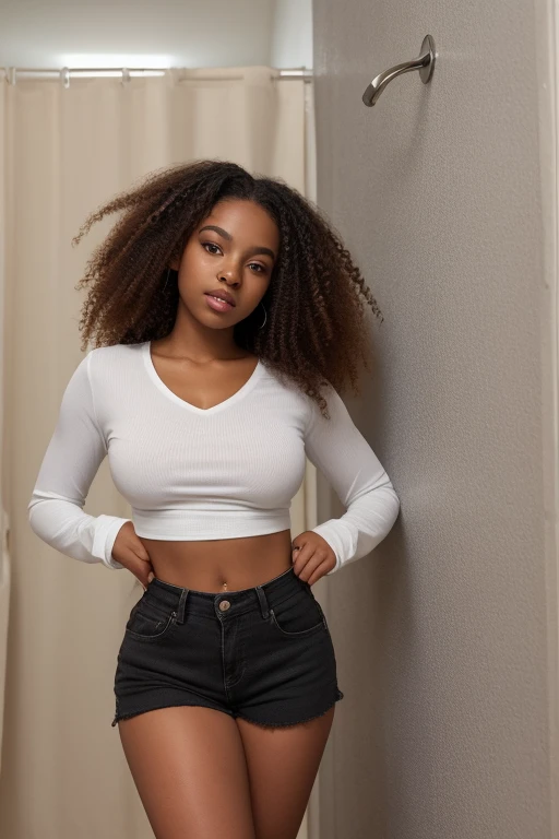 (front view) very detailed photograph of a black woman, dark skin, (with curly hair), (symmetric beautiful face) nice and well defined nose, proportioned and full lips, stunning realistic photography, crop top, jeans, realistic soft color, scenic outdoor background, octane render, intricately detailed, sharp focus, stunning full color, shot on DSLR camera, 32k resolution, best quality, (focus on skin texture)
