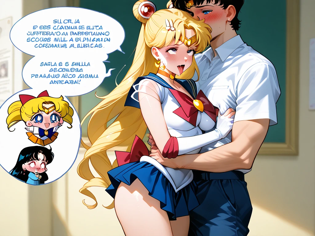 random location, girl clothes very small orange schoolgirl,Chibi uses focus, Hug ,subject,cabello largo ,blue eyes,cabello rubio,embarrassed,milk , parejas sailor Venus sailor moon, a Sailor Jupiter trio with chbiusa,Summarizing,Wearing tops,blushing,touching the vagina with her hand and fingers inside, Spanish dialogue ,milk oozing from her,covered nipple, medium breasts,A tall woman is clutching her breasts for excited spectators, groped ,Ahegao, kindergarten girl, sailor Venus, text in Spanish, history, Hand down the skirt, sexy lingerie,