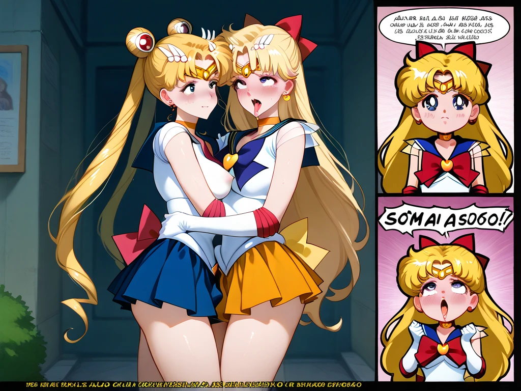 random location, girl clothes very small orange schoolgirl,Chibi uses focus, Hug ,subject,cabello largo ,blue eyes,cabello rubio,embarrassed,milk , parejas sailor Venus sailor moon, a Sailor Jupiter trio with chbiusa,Summarizing,Wearing tops,blushing,touching the vagina with her hand and fingers inside, Spanish dialogue ,milk oozing from her,covered nipple, medium breasts,A tall woman is clutching her breasts for excited spectators, groped ,Ahegao, kindergarten girl, sailor Venus, text in Spanish, history, Hand down the skirt, sexy lingerie,
