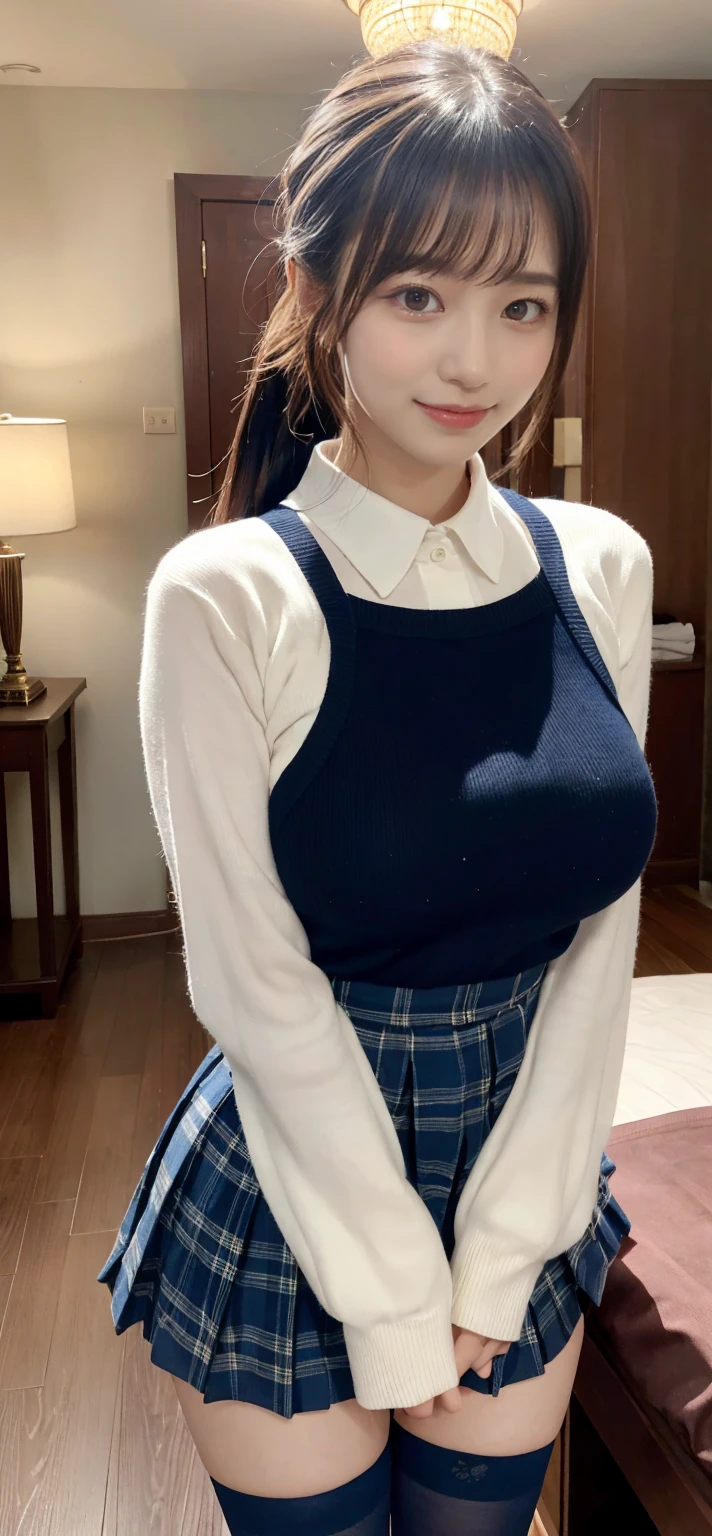 ((masterpiece))、((Highest quality))、photograph、reality、High resolution、Advanced Depth of Field、become close、Realistic lighting、secretary、((Early teens:1.5))、((Young face:1.5))、((Primary school students:1.5))、(Short)、Delicate facial features、Realistic background and accessories、(Big and ample breasts:1.2)、Sexy lips、bed、Tight collared shirt、Wide Shot、Thighs、(smile:1.3)、Emphasize the weight, soft, Round Breasts、whole body、((Sleep on your back:1.5))、(Frilled shirt:1.2)、(Sleeveless shirt)、(mini skirt:1.5)