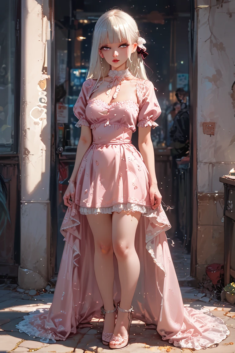 "A woman with a sad expression, wearing a pink dress, holds a broken pink perfume bottle on a concrete floor, with withered rose petals scattered around in a gloomy and desolate setting.