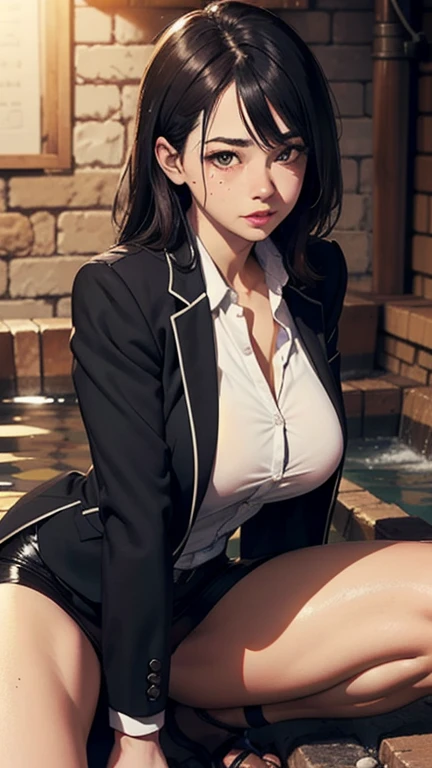 High-definition images, atmospheric perspective, 8K, Super detailed, Accurate, highest quality, anime background, 1 female, (ecstasy face), (droopy eyes), (blush), (sleepy), Exquisitely designed pastel striped panties, (Her wet panties are digging into her crotch.), Draw pants with super precision), ((showing off her panties)), spread legs, open your mouth, gray suit, ((swollen areola)), A country boy in ugly clothes, Thigh-high stockings, hair up, Strange pose, outside, straddle, night, in the rain,Sweat
